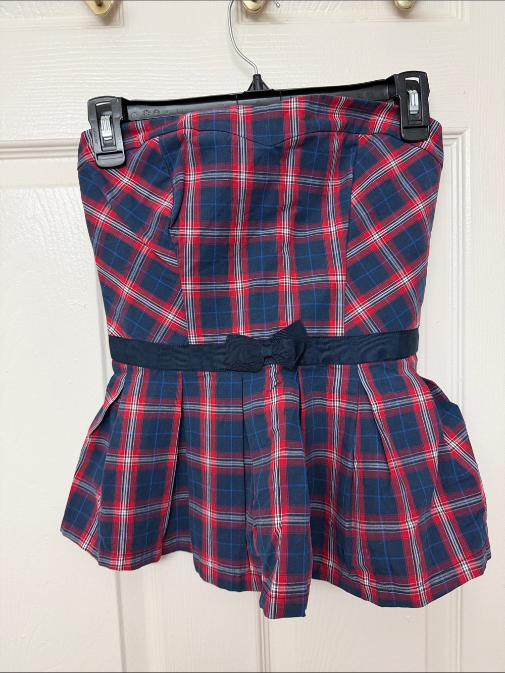 Y2k Abercrombie & Fitch Navy and Red Plaid Strapless babydoll blouse